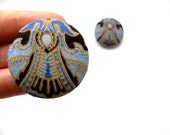 Boho earrings, ethnic jewelry, african fabric, extra-large button earrings, brown, gold and light blue 38mm