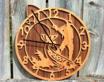 Fisherman Gift, Fishing Wall Clock, Fishing Decor, Retirement Gift Idea, Fly Fishing Wood Clock, Home Decor, Man Cave Decor, Cabin Decor