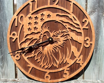 American Eagle Wood Wall Clock, Veteran Gift, Retirement Gift Idea, Bald Eagle Decor, Patriotic Sign, Eagle Gift, Home Decor, Wildlife Clock