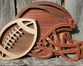 Football Helmet & Ball Wood Art: Sports Decor