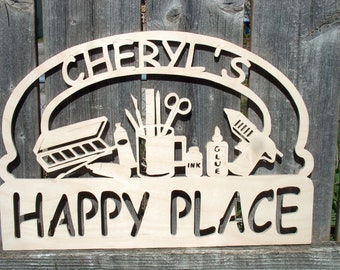 Personalized Craft Room Wood Sign, Crafter She Shed Sign, Happy Place Sign, Home Decor, Craft Room Decor, Birthday Gift, Crafting Gift