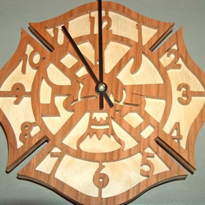 Maltese Cross Firefighter Clock: Cherry & Birch Wood, Handmade