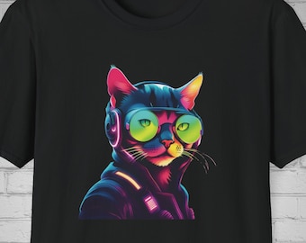 VR cyber Punk neon Cat t-shirt, futuristic fashion, cat lover, cyberpunk style, virtual reality tee, Cat fashion gift