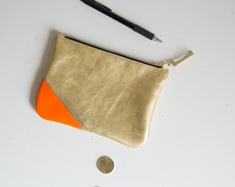 glamour gold leather zipper purse with remote corner smooth cosmetic pouch clutch pencil bag small wallet