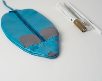 pencil case blue genuine leather clutch leather mouse cosmetic zipper pouch coin pouch