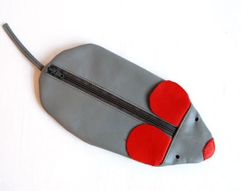 cute grey leather mouse pencil case coin wallet leather pencil pouch with metal zipper with red ears and red nose