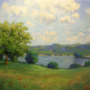 May include: Landscape painting depicting a serene lake scene.  A lush green field extends to a calm body of water, framed by rolling hills under a partly cloudy sky. A single, vibrant green tree stands prominently in the foreground. The overall palette is soft, with greens, blues, and light yellows dominating.  The style suggests Impressionism, with visible brushstrokes.  The painting evokes a peaceful, idyllic atmosphere.