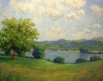 Italy Original Painting oil landscape, Impressionist style lake, clouds, sunrise, Italy, Tuscany, Sessa