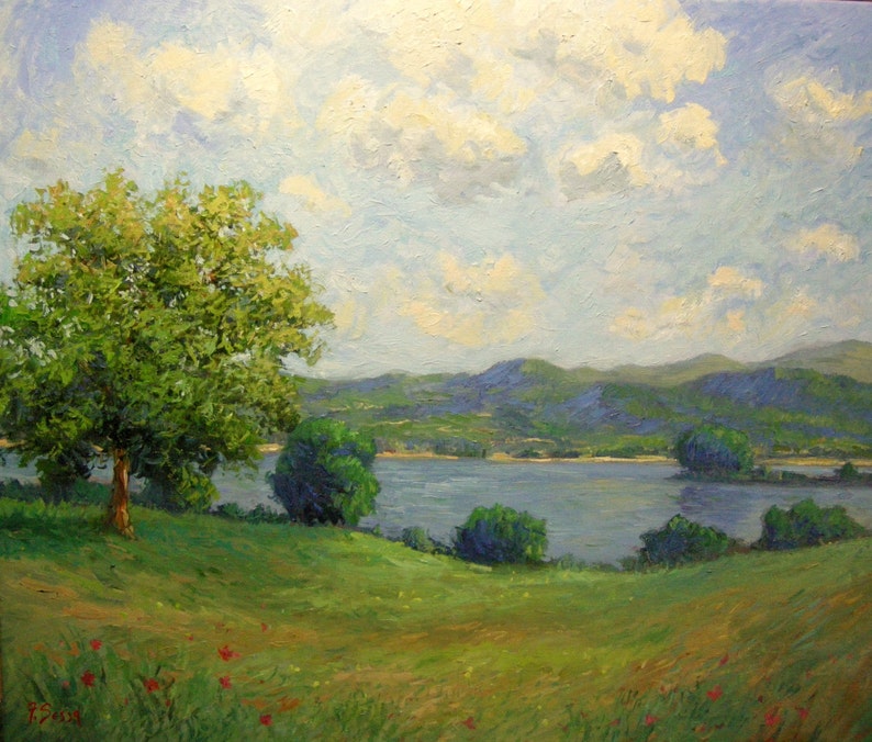 May include: Landscape painting depicting a serene lake scene.  A lush green field extends to a calm body of water, framed by rolling hills under a partly cloudy sky. A single, vibrant green tree stands prominently in the foreground. The overall palette is soft, with greens, blues, and light yellows dominating.  The style suggests Impressionism, with visible brushstrokes.  The painting evokes a peaceful, idyllic atmosphere.