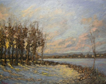 Original oil painting, winter scene, snow, landscape, lake, sunlight, clouds, trees, 18"x24", Francesco Sessa