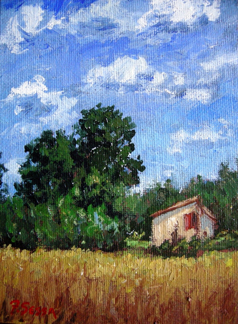 Italian Landscape original oil painting, impressionist, field, Tuscany, house, clouds, Sessa image 1