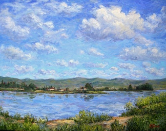 Italian Landscape, Impressionist oil,  Italy, tuscany, landscape, lake, water reflection, clouds, trees, green, blue, Sessa