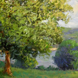 May include: Oil painting landscape depicting a tranquil scene. Lush green foliage dominates the foreground, with a prominent tree exhibiting a textured, reddish-brown trunk.  A smaller, darker green bush is positioned to the right, near a calm body of water. The background features rolling hills under a soft, cloudy sky, painted in muted blues and grays. The overall style is impressionistic, with visible brushstrokes adding texture and depth to the scene.
