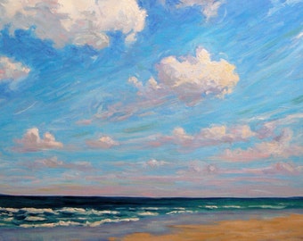 Ocean original seascape painting, clouds sea sand reflection, oil on canvas, by Francesco Sessa