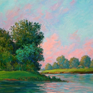 May include: A painting of a river scene with a lush green bank on the left side of the image. The river is calm and reflects the pink and blue sky. The sky is painted with soft, pastel colors.