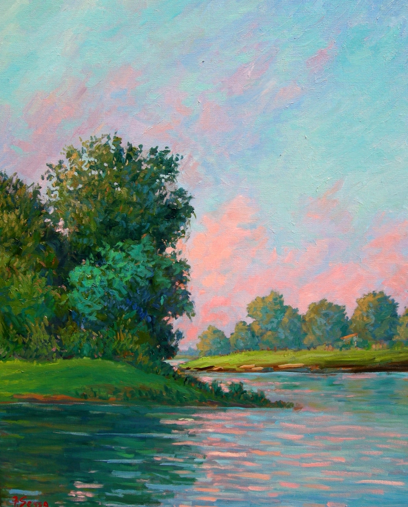 May include: A painting of a river scene with a lush green bank on the left side of the image. The river is calm and reflects the pink and blue sky. The sky is painted with soft, pastel colors.