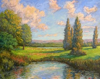 Original impressionist oil painting, landscape, sunny day, lake reflection, cypress trees, fine art, Francesco Sessa