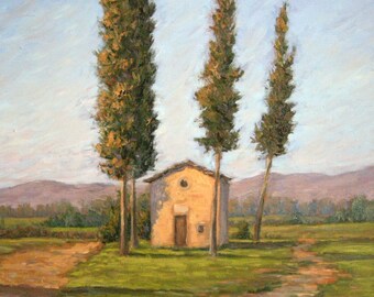 Original oil painting, impressionist landscape, Tuscany , Italy, sunset, cypress trees, fine art, Sessa