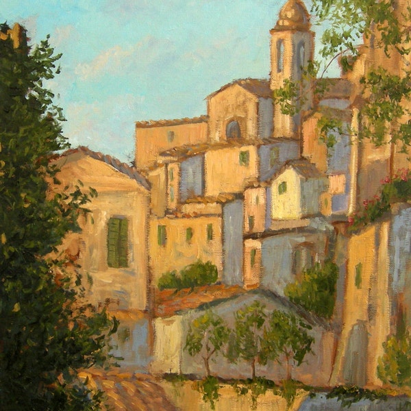 Original painting, oil on canvas, Impressionist, medieval town, view, Italy, Sessa