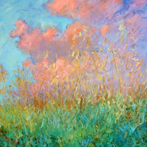 Original painting oil sunset, Impressionist, wild field, sunset clouds, Sessa