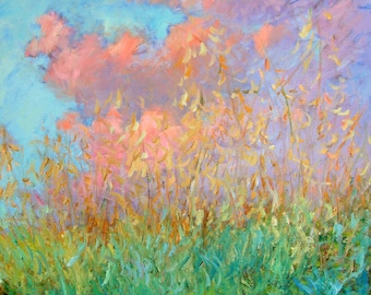Original painting oil sunset, Impressionist, wild field, sunset clouds, Sessa
