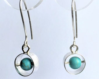 Sterling Silver and Turquoise Earrings. Turquoise Bead Sterling Silver Unique Earrings.