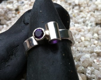 Amethyst, Sterling Silver Unique Design Three Stone Ring