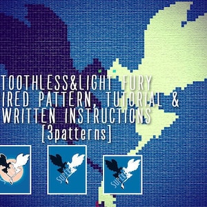 Könnte beinhalten: Ein digitales Kreuzstichmuster, inspiriert von Ohnezahn und Light Fury, mit einem pixeligen Design der Drachen. Das Bild enthält den Text "TOOTHLESS & LIGHT FURY INSPIRED PATTERN, TUTORIAL & WRITTEN INSTRUCTIONS [3 patterns]" und drei kleine Miniaturansichten.
