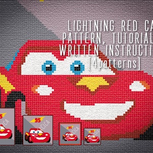 Lightning red car corner to corner crochet pattern for blanket and tutorial, 4 sizes graph patterns and written instructions