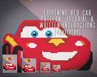 Lightning red car corner to corner crochet pattern for blanket and tutorial, 4 sizes graph patterns and written instructions