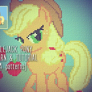 May include: Pixelated image of Applejack Pony, a character from My Little Pony, with the text "APPLEJACK PONY PATTERN & TUTORIAL [4 patterns]" in white. The pony is orange with a yellow mane and tail, and green eyes. The background is a textured blue and yellow.