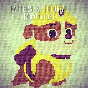May include: Cross-stitch pattern featuring a cartoon dog in yellow and brown, with the text "PATTERN & TUTORIAL [4 patterns]" in white. The dog is wearing a yellow hat and uniform. The background has a textured, pixelated effect.