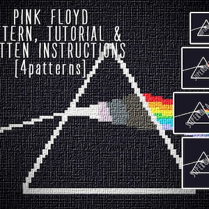 Op de afbeelding: Zwarte achtergrond met een wit prisma dat licht in een regenboog breekt. De tekst luidt "PINK FLOYD PATTERN, TUTORIAL & WRITTEN INSTRUCTIONS [4 patterns]" en drie kleinere prisma's.