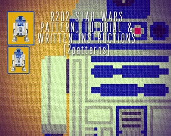 Robot blue and white blanket corner to corner crochet pattern and tutorial, 2 sizes graph patterns and written instructions