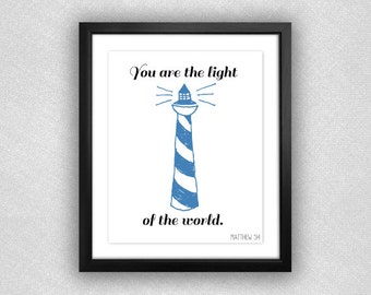 Leuchtturm "Du bist das Licht der Welt." Matthew 05:14 Bibel Spruch bedruckbar. 8 x 10.
