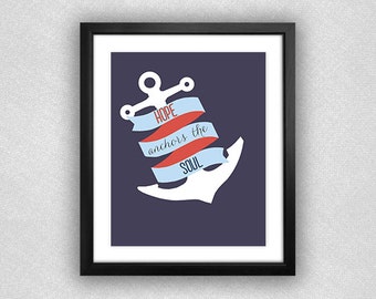 Verankern und Banner "Hoffnung Anker die Seele" druckbare. Navy, hellblau und rot. Nautik, 8 x 10.