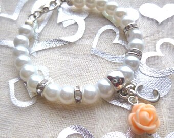 Personalized Flower Girl Bracelet: Pearl, Rhinestone & Peach Rose,