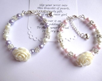 Pearl Flower Girl Bracelet: Colorful Glass Pearls & Resin Rose,