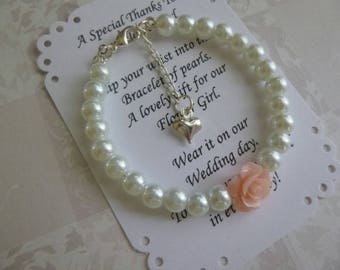 Girls Rose & Pearl Bracelet, Flower Girl Gift, Pearl Flower Girl Bracelet, Pearl Girls Bracelet, Pearl Childs Bracelet, Pearl Kids Bracelet