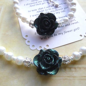 Pearl Flower Girl Jewelry Set: Glitter Rose Necklace & Bracelet