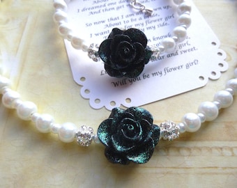 Perlen Blumenmädchen Schmuck Set: Glitzer Rose Kette & Armband