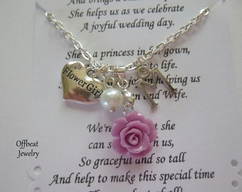 Flower Girl Necklace, Jr. Bridesmaid Necklace, Sister Necklace, Choose a Charm, Bridesmaid Jewelry, Aunt Charm & Rose Necklace