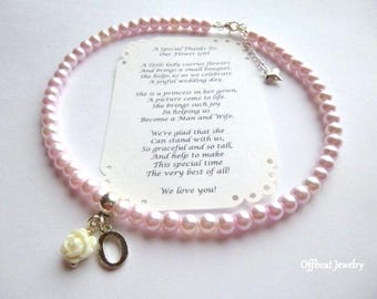 Personalized Pearl Flower Girl Necklace: Initial Charm, Silver or Gold,