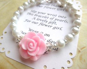 Pearl Flower Girl Bracelet: Glitter Rose, Personalized Card,