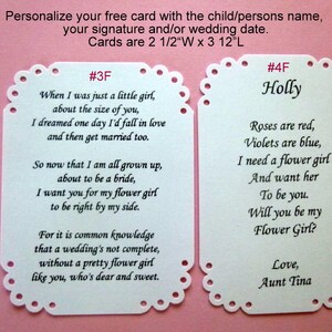 May include: Two white cards with scalloped edges and black text. The card on the left has the text "#3F" and a poem about a flower girl. The card on the right has the text "#4F Holly" and a poem asking someone to be a flower girl.