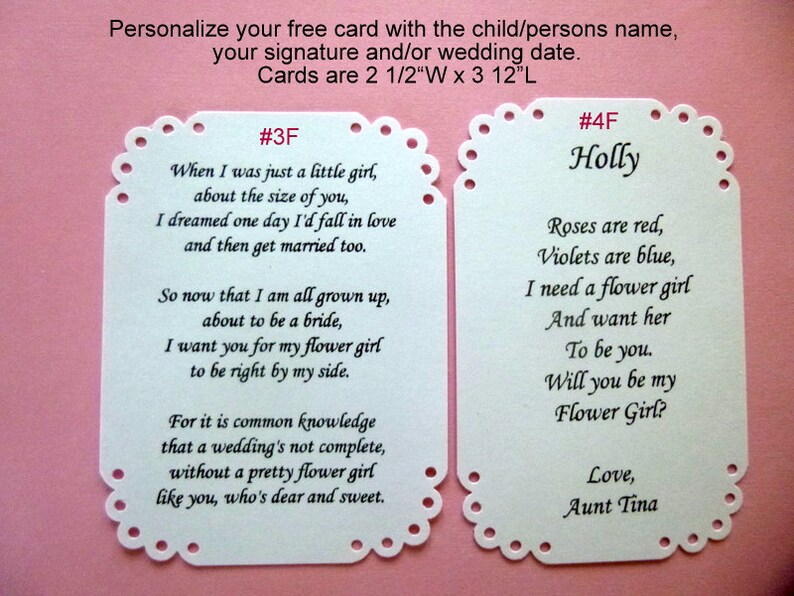 May include: Two white cards with scalloped edges and black text. The card on the left has the text "#3F" and a poem about a flower girl. The card on the right has the text "#4F Holly" and a poem asking someone to be a flower girl.
