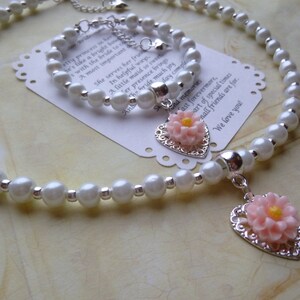 Pearl Flower Girl Jewelry Set: Heart Necklace & Bracelet,