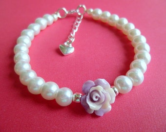 Girls Rose & Pearl Bracelet, Flower Girl Gift, Pearl Flower Girl Bracelet, Pearl Girls Bracelet, Pearl Little Girls Bracelet, Great Gift
