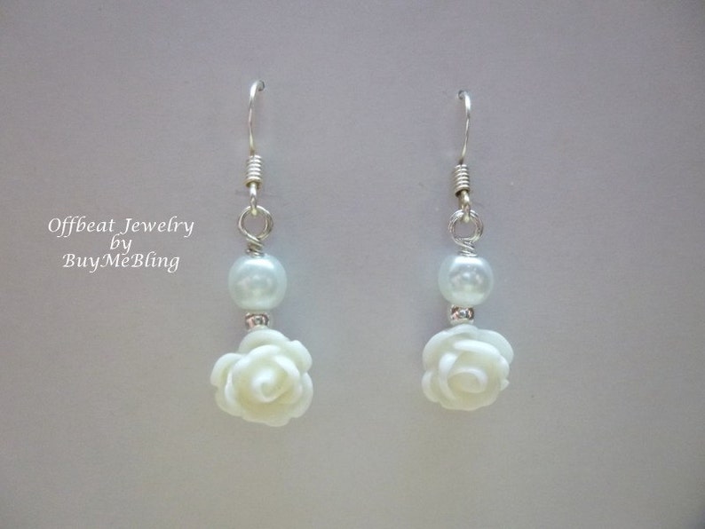 Rose & Pearl Earrings, Flower Girl Earrings, Bridesmaid Earrings, Flower Girl Gift, Wire Wrapped Earrings, Wire Wrapped Rose Earrings image 3