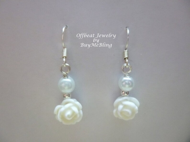 Rose & Pearl Earrings, Flower Girl Earrings, Bridesmaid Earrings, Flower Girl Gift, Wire Wrapped Earrings, Wire Wrapped Rose Earrings image 2